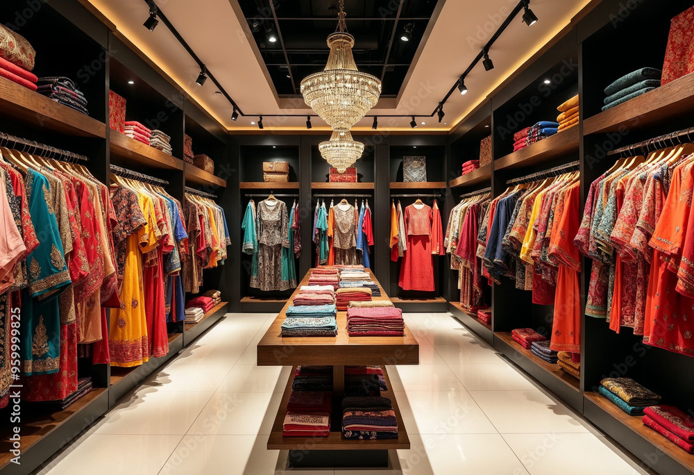 A luxurious boutique displaying vibrant ethnic garments with elegant racks and soft, ambient lighting, ideal for fashion ads.
A luxurious boutique displaying vibrant ethnic garments with elegant racks and soft, ambient lighting, ideal for fashion ads.