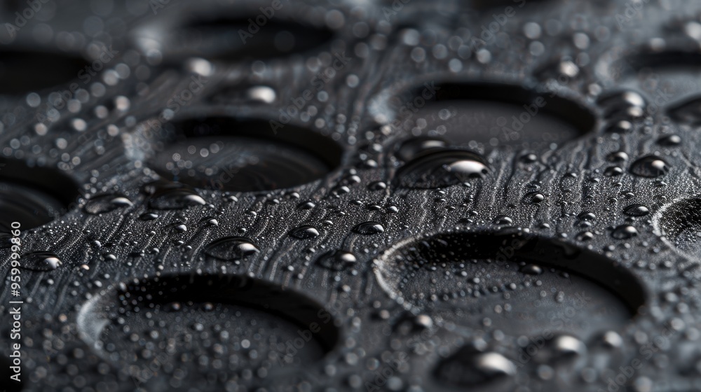 Close-up of droplets on a textured dark surface, sleek and detailed with copy space Close-up of droplets on a textured dark surface, sleek and detailed with copy space