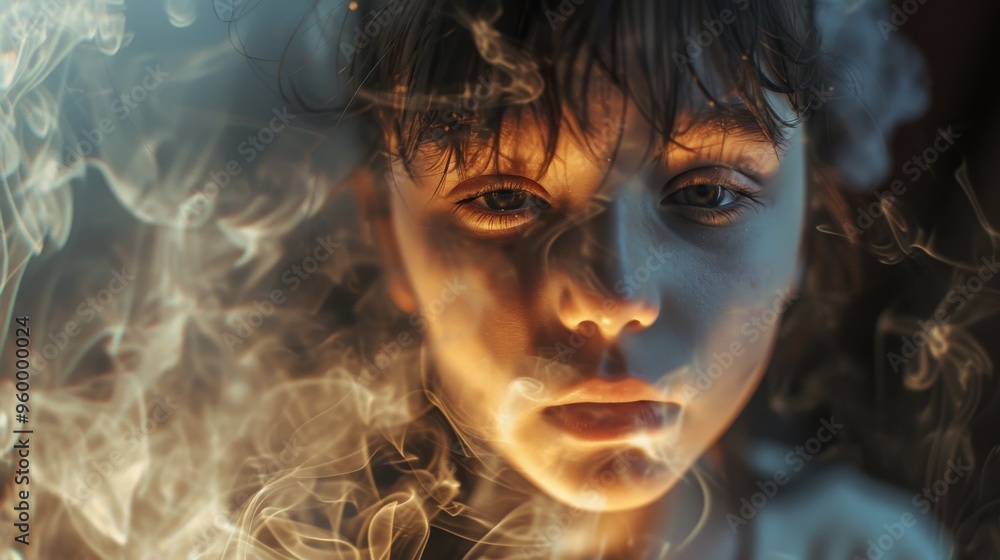 A close-up of a child's face surrounded by smoke, captured in dramatic lighting. The intense expression and swirling smoke create a powerful and evocative image, ideal for emotional and artistic uses. A close-up of a child's face surrounded by smoke, captured in dramatic lighting. The intense expression and swirling smoke create a powerful and evocative image, ideal for emotional and artistic uses.