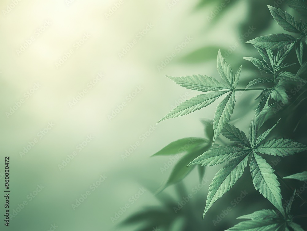 Fototapeta premium Fresh green marijuana leaves with soft focus on a light green background, calming and natural with copy space