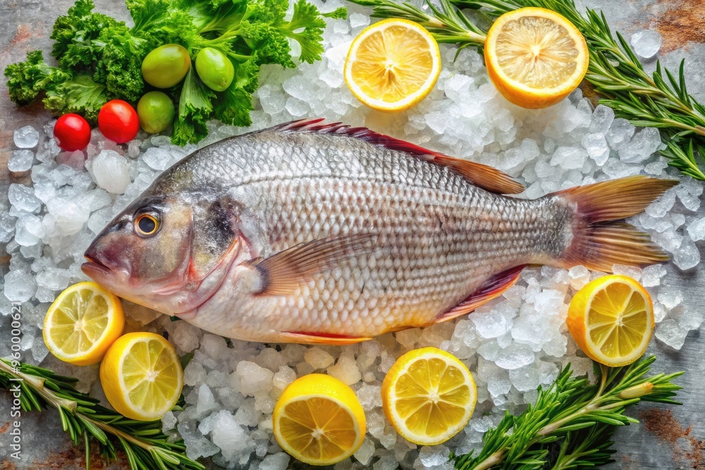 Freshly caught tilapia fish with silver scales and pinkish-white belly lies on a bed of ice, surrounded by herbs and lemons, in a bustling market setup. Freshly caught tilapia fish with silver scales and pinkish-white belly lies on a bed of ice, surrounded by herbs and lemons, in a bustling market setup.