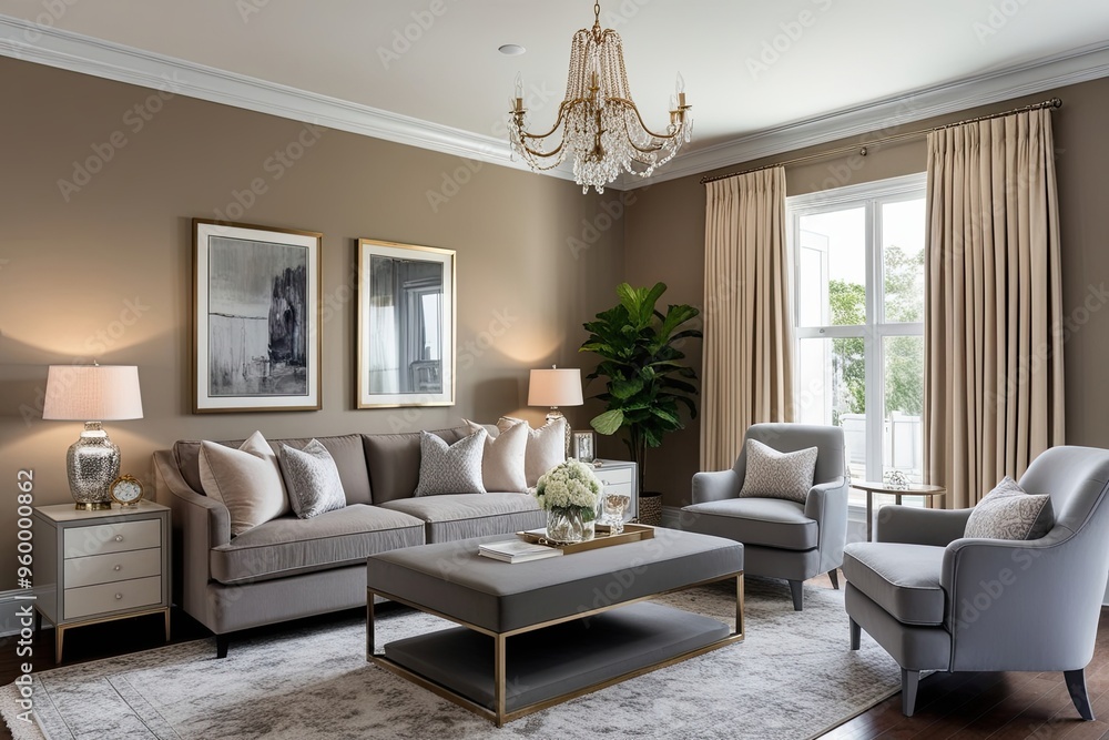 Modern Chic Living Room Design with Creamy Taupe Walls and Elegant Gray Furniture Modern Chic Living Room Design with Creamy Taupe Walls and Elegant Gray Furniture