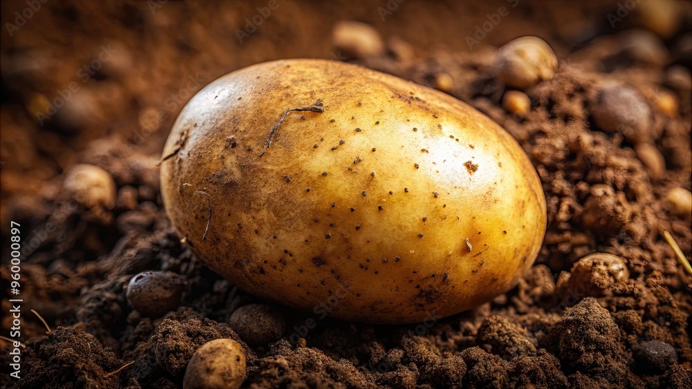 Freshly dug from the earth, a perfectly imperfect potato reveals its rough, brown skin and tiny, delicate hairs in a warmly lit, intimate close-up shot. Freshly dug from the earth, a perfectly imperfect potato reveals its rough, brown skin and tiny, delicate hairs in a warmly lit, intimate close-up shot.