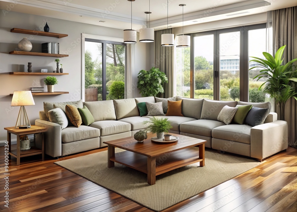 Fototapeta premium A plush sectional sofa, paired with a few accent chairs, creates a comfortable and inviting seating area where