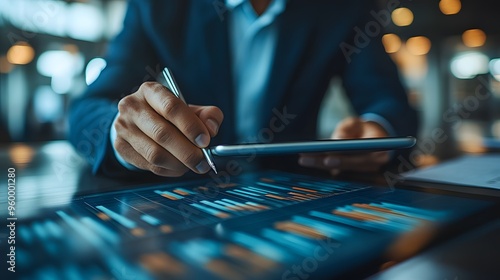 Businessman uses digital tablet to analyze and calculate financial data with economic growth graph, business strategy and planning.