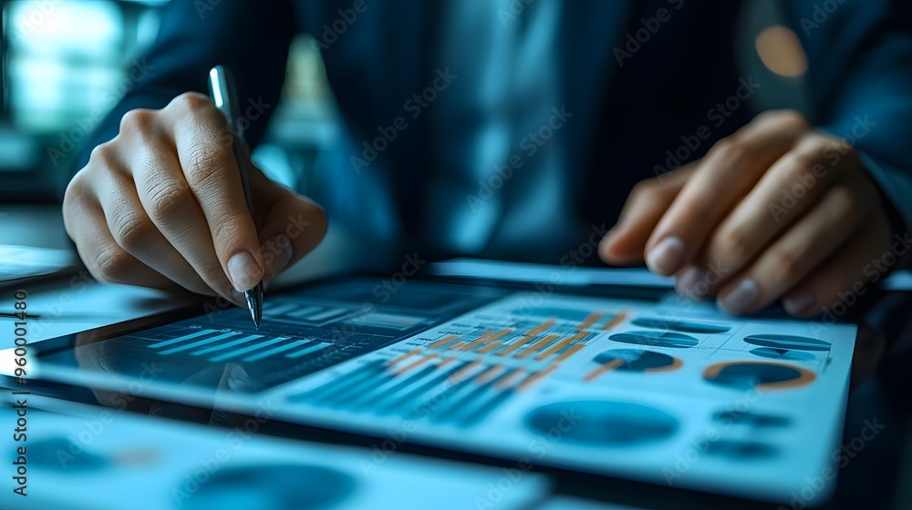 Businessman uses digital tablet to analyze and calculate financial data with economic growth graph, business strategy and planning. Businessman uses digital tablet to analyze and calculate financial data with economic growth graph, business strategy and planning.