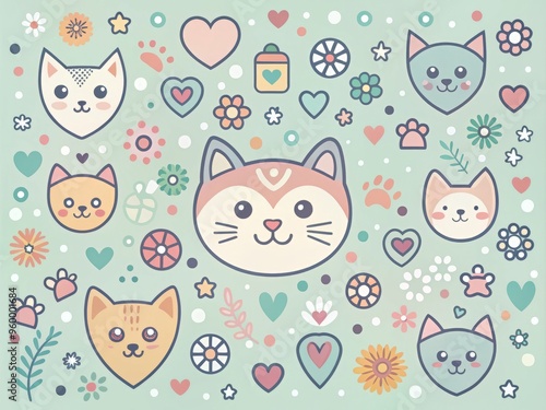 Wallpaper Mural cat bite vector illustration whimsical set design cute cartoon digital art adorable color palette pastel soft pet friendly friendly warm simple shape icons animal lover emotional comfort ease Torontodigital.ca