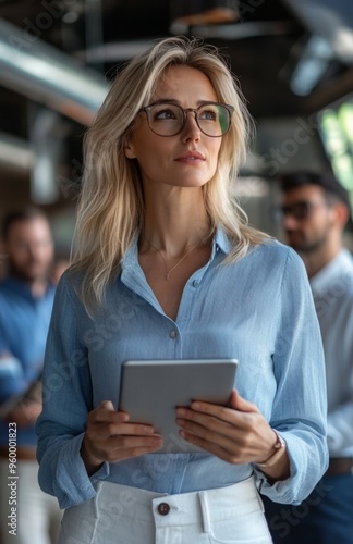 Blonde businesswoman in glasses holding a tablet, thinking during office meeting discussion