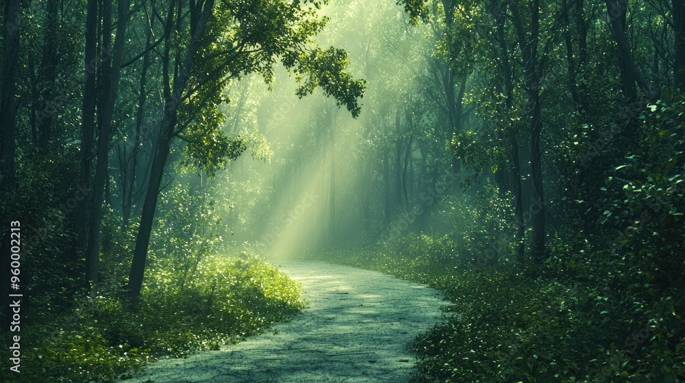 Obraz premium A tranquil forest scene with mist, sunlight, and a quiet path winding through the trees.