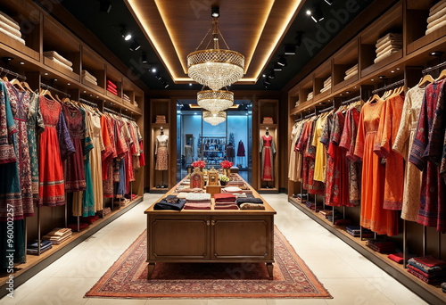 A luxurious boutique displaying vibrant ethnic garments with elegant racks and soft, ambient lighting, ideal for fashion ads.







 photo