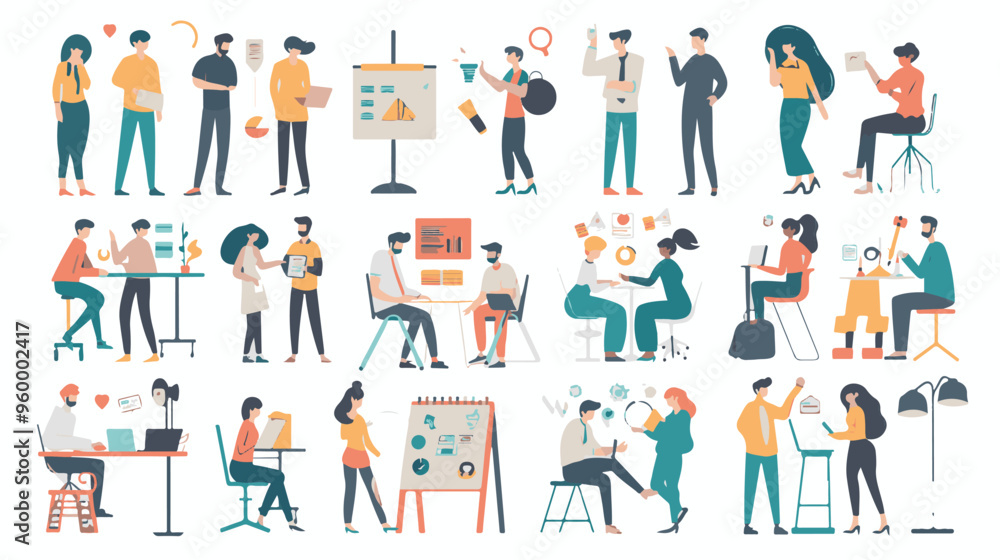 Teamwork web concept with people scenes mega set in flat design. Bundle of character situations with brainstorming for developing business, Teamwork web concept with people scenes mega set in flat design. Bundle of character situations with brainstorming for developing business,
