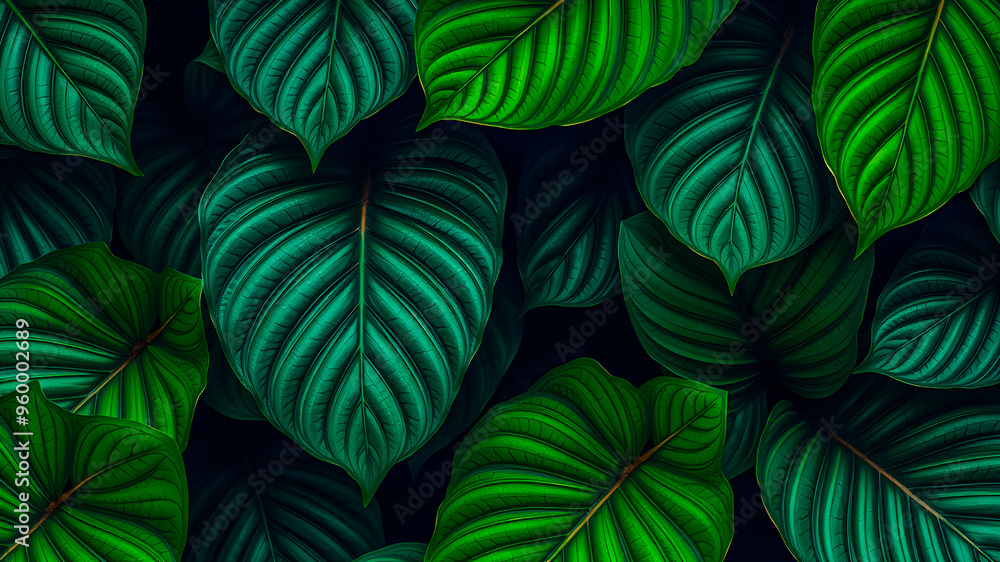Tropical green leaves background, artistic wall decoration. Abstract nature leaf closeup, peaceful relaxing eye calming natural design. Palm banana and exotic leaves plants AI generated Tropical green leaves background, artistic wall decoration. Abstract nature leaf closeup, peaceful relaxing eye calming natural design. Palm banana and exotic leaves plants AI generated