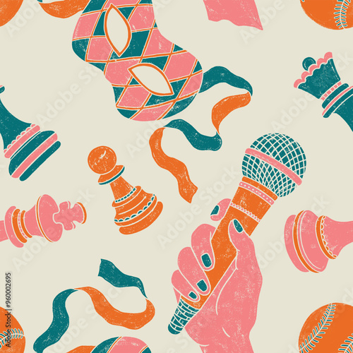 Seamless Retro Linocut Pattern with Hand Holding a Microphone, Chess, Theatrical mask in Beige, Pink, Green, and Orange Colors. Playful, Colorful, Groovy, and Artistic Design for School, College