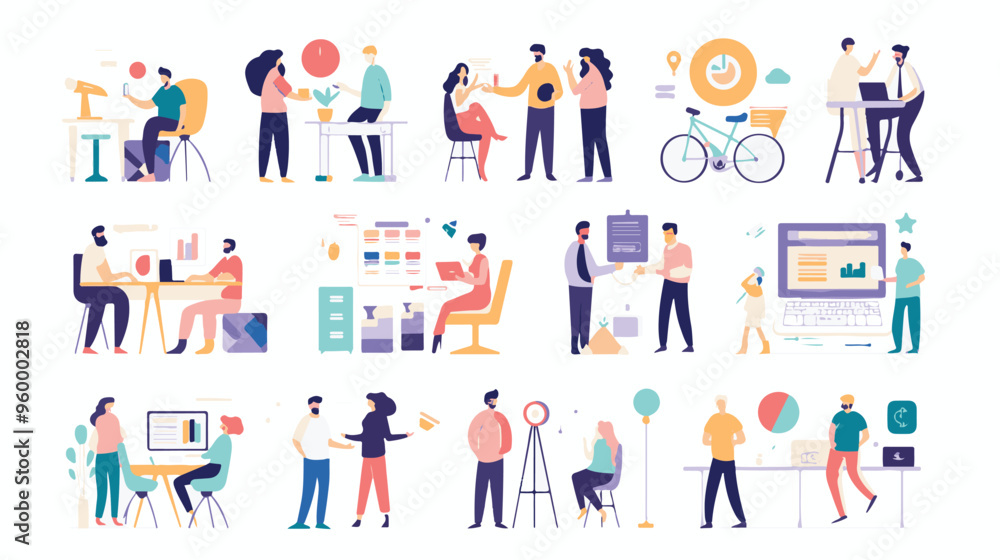 Teamwork web concept with people scenes mega set in flat design. Bundle of character situations with brainstorming for developing business,