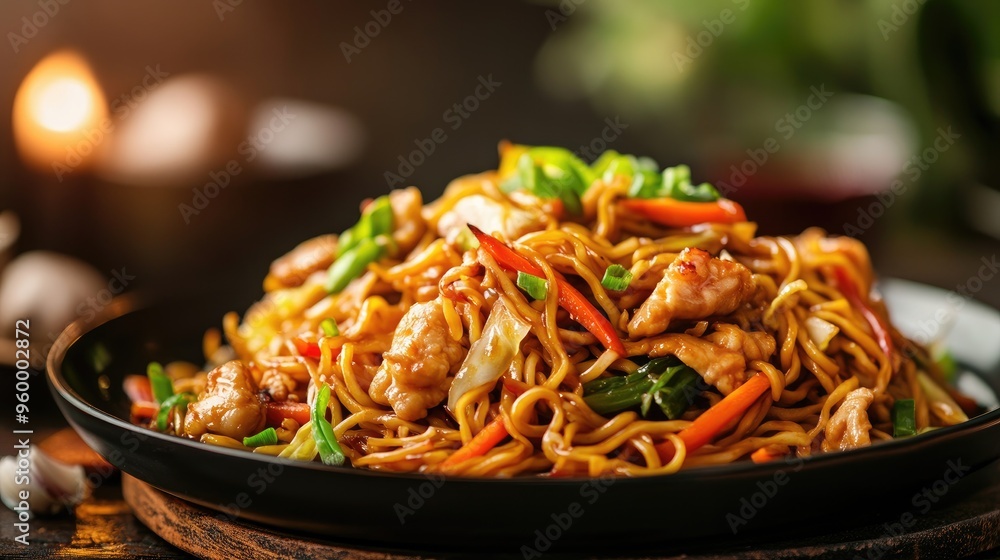 Chow Mein noodles with cabbage, carrots, garlic, and chicken meat on a dark plate, served on a wooden table with a blurred background, showcasing a delicious dish Chow Mein noodles with cabbage, carrots, garlic, and chicken meat on a dark plate, served on a wooden table with a blurred background, showcasing a delicious dish