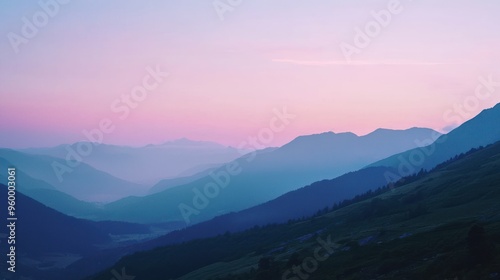 A calm mountain landscape at dawn, with soft colors and a serene atmosphere.