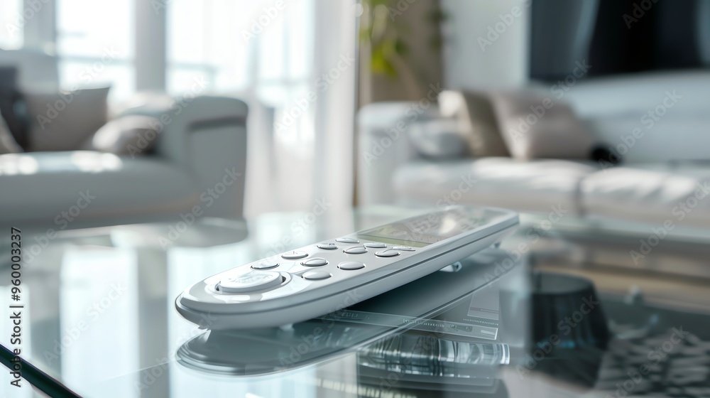 A remote control on a glass table in a living room. A remote control on a glass table in a living room.