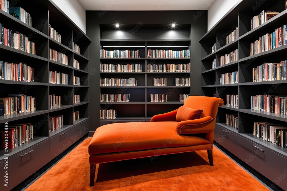 Contemporary Library Corner Featuring Burnt Orange Chaise and Sleek Bookshelves in an Innovative Interior Design Contemporary Library Corner Featuring Burnt Orange Chaise and Sleek Bookshelves in an Innovative Interior Design
