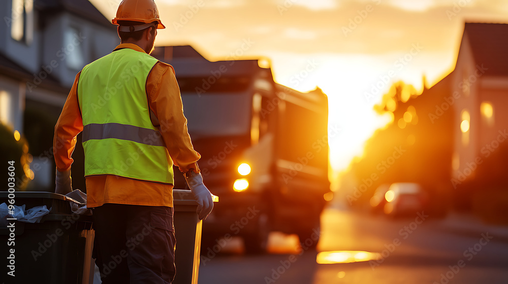 Sanitation worker wearing a reflective vest collects trash bins at dawn, with a garbage truck in the background on a suburban street. Sanitation worker wearing a reflective vest collects trash bins at dawn, with a garbage truck in the background on a suburban street.