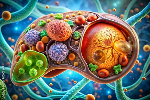 Close-up liver cell illustration microscopic ultrastructure medical illustration biological process biology microscopic world photo