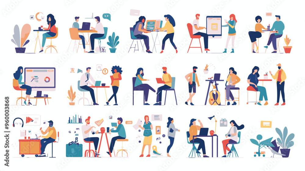 Teamwork web concept with people scenes mega set in flat design. Bundle of character situations with brainstorming for developing business, Teamwork web concept with people scenes mega set in flat design. Bundle of character situations with brainstorming for developing business,