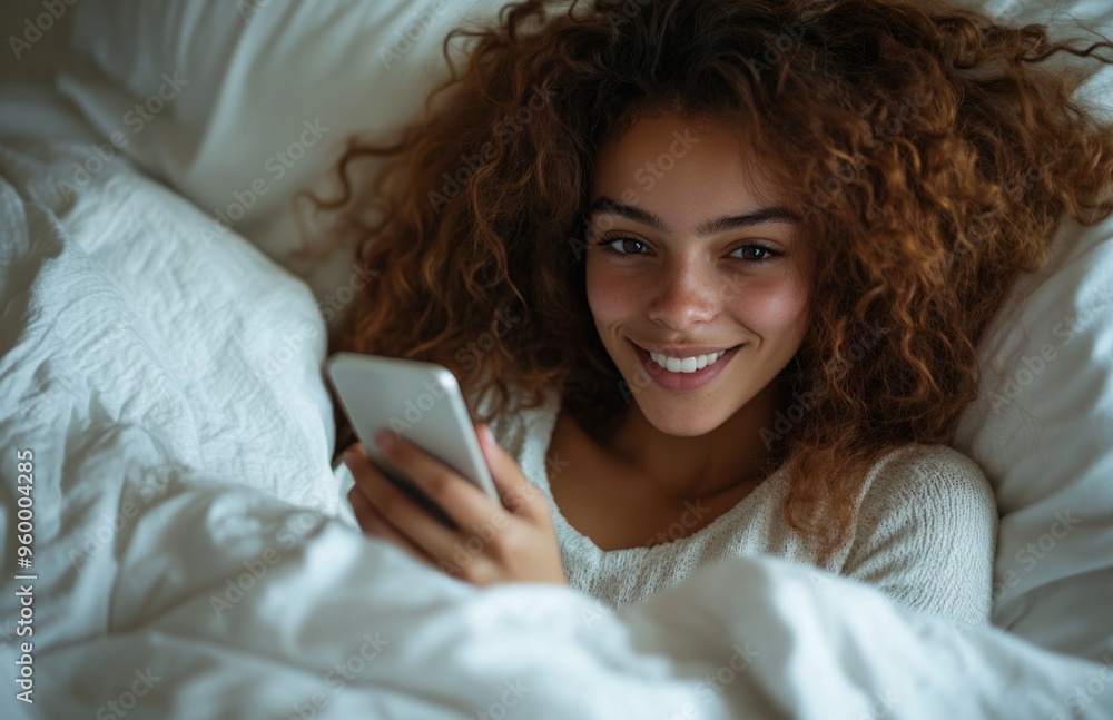 Happy young woman in bed, smiling, using her phone while relaxing on a pillow Happy young woman in bed, smiling, using her phone while relaxing on a pillow