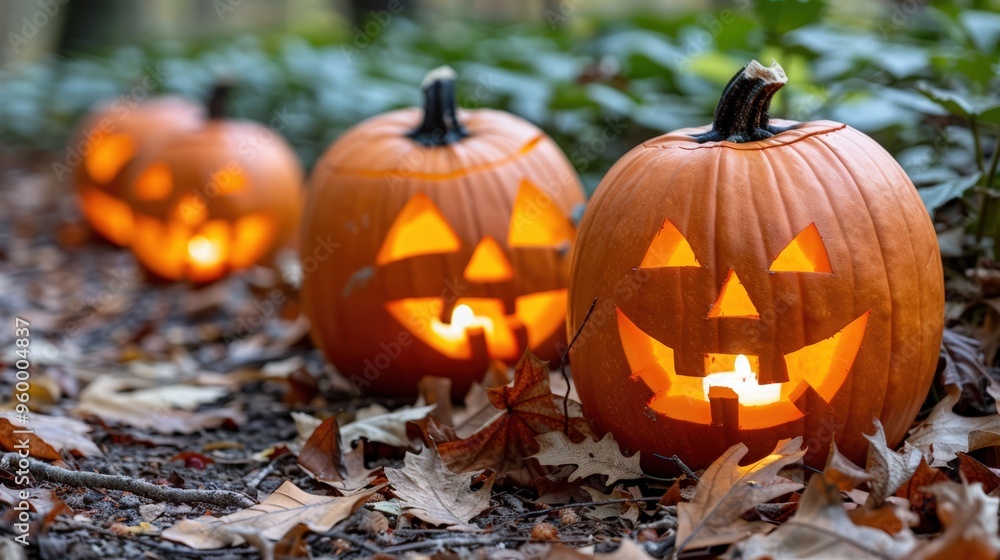 Line of glowing jack-o'-lanterns on ground covered with autumn leaves creates warm, festive Halloween atmosphere. Pumpkins' carved faces illuminate the path in a spooky yet cheerful way. Line of glowing jack-o'-lanterns on ground covered with autumn leaves creates warm, festive Halloween atmosphere. Pumpkins' carved faces illuminate the path in a spooky yet cheerful way.