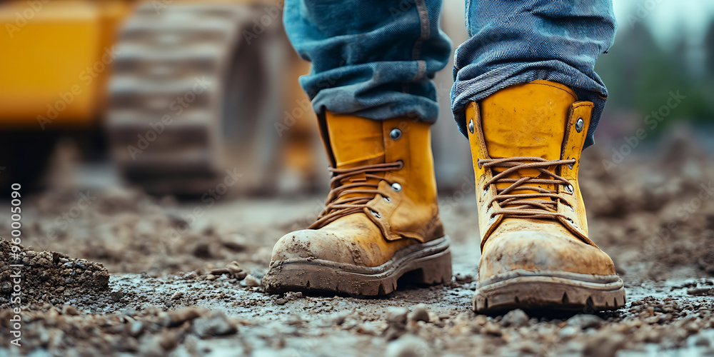 Closeup of industry construction worker legs feet wearing boots shoes on site, copy space. Safety and protection footwear equipment for job occupation, work clothing uniform, factory, labor Closeup of industry construction worker legs feet wearing boots shoes on site, copy space. Safety and protection footwear equipment for job occupation, work clothing uniform, factory, labor