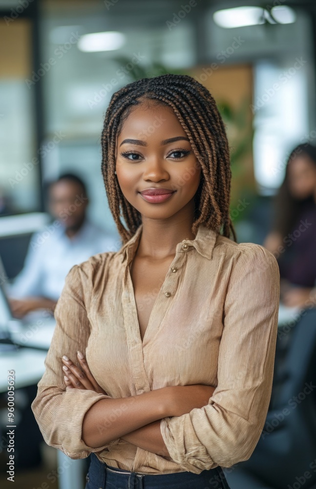 Confident young African businesswoman smiling in casual attire, arms crossed, posing for professional portrait Confident young African businesswoman smiling in casual attire, arms crossed, posing for professional portrait