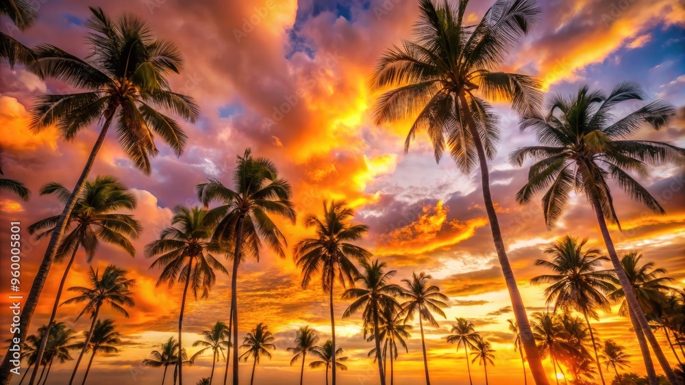 Golden sunset casts warm light on swaying palm trees standing tall against a vibrant orange and pink sky with subtle cloud formations. Golden sunset casts warm light on swaying palm trees standing tall against a vibrant orange and pink sky with subtle cloud formations.