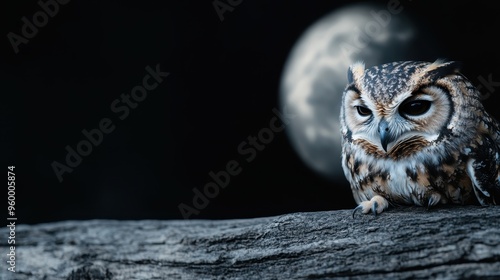 A majestic owl perched on a log against the backdrop of a full moon, highlighting the serene and mystical ambiance of the nocturnal scene in nature. photo