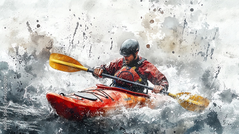 Kayaker navigates through turbulent waters, showcasing adventure, strength, and determination in this vibrant watercolor painting. Kayaker navigates through turbulent waters, showcasing adventure, strength, and determination in this vibrant watercolor painting.