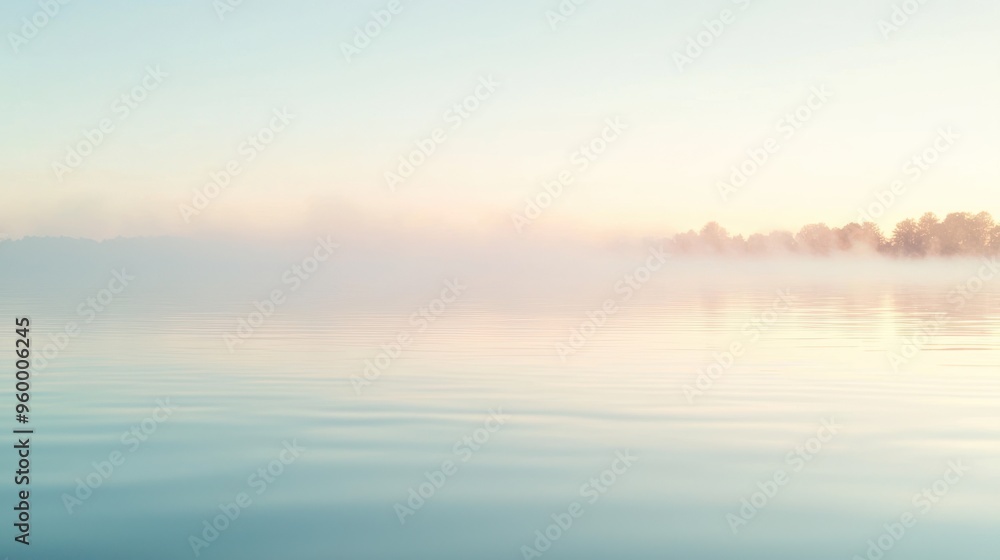 Fototapeta premium A calm zen water scene at sunrise, with soft colors and mist rising from the surface.
