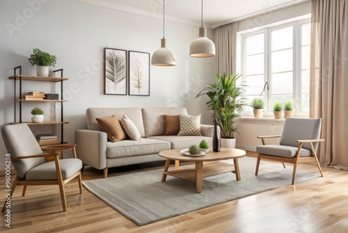 A serene living room features a neutral-colored couch and chair arranged around a low-profile coffee table, with a