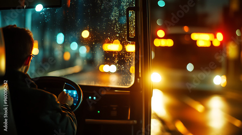 Bus driver driving through city at night, rain falling on windshield, blurred city lights in background.