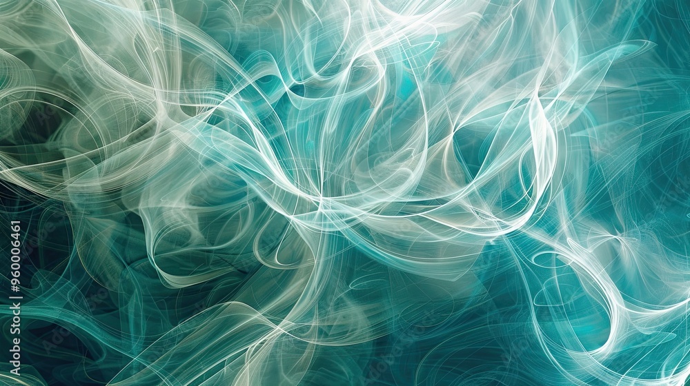 Fototapeta premium Teal to turquoise gradient enhanced by smoky white spirals on elegant wallpaper