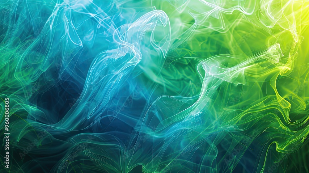 Fototapeta premium Electric green fading into neon blue with smoky white wisps on bold backdrop