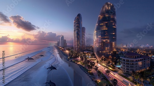 Dolphin fin skyscrapers, oceanfront, twilight, bird's-eye view, sleek curves, ambient lighting, wide-angle lens, vibrant colors photo