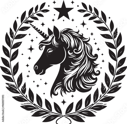 unicorn laurel wreath,elegant vector style,silhouette vector,black and white color photo