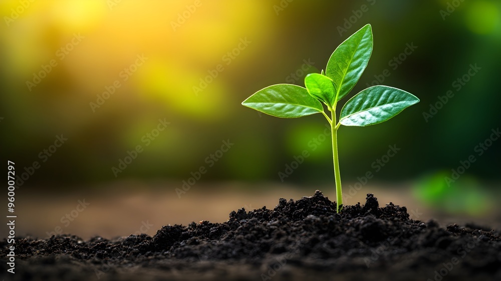Fototapeta premium Green Sprout Growing From Soil in Sunlight