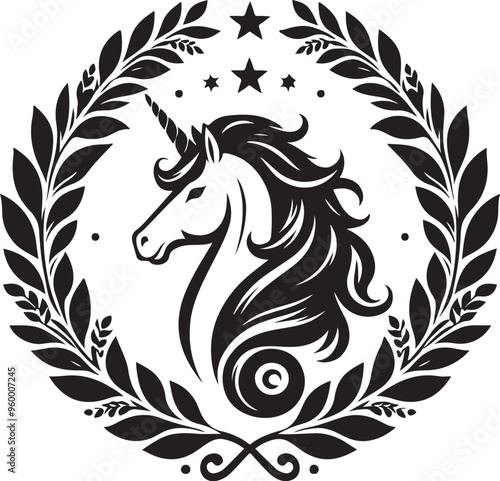 unicorn laurel wreath,elegant vector style,silhouette vector,black and white color photo