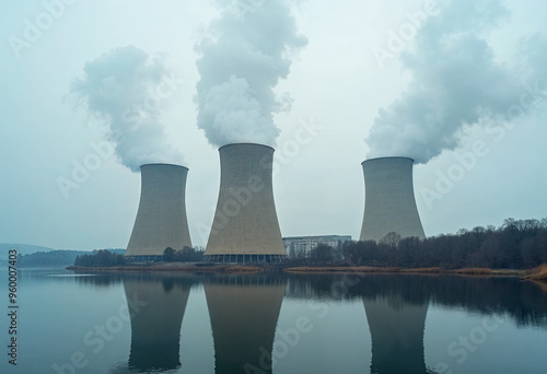 White smoke billows from nuclear power plants by a lake, with reflections in the water, creating a dramatic and impactful scene.







 photo