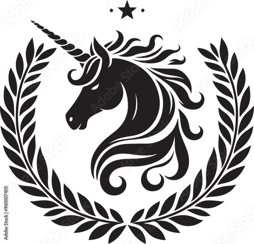 unicorn laurel wreath,elegant vector style,silhouette vector,black and white color