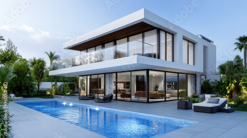 Wallpaper Mural Contemporary luxury villa featuring large glass windows and an outdoor swimming pool, surrounded by lush greenery and clear skies. Torontodigital.ca