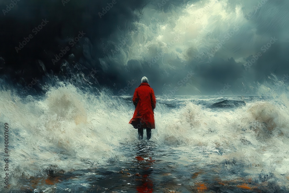 Fototapeta premium solitary figure in vivid red coat stands defiantly against turbulent seascape crashing waves and moody sky