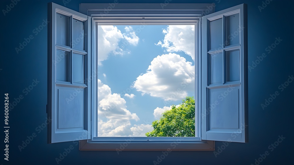 Open Window View of Blue Sky, Clouds, and Green Tree Open Window View of Blue Sky, Clouds, and Green Tree