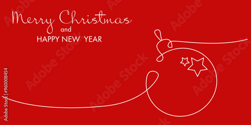 One continuous line drawing of Christmas ball. New Year greeting card and minimalist web banner on red background