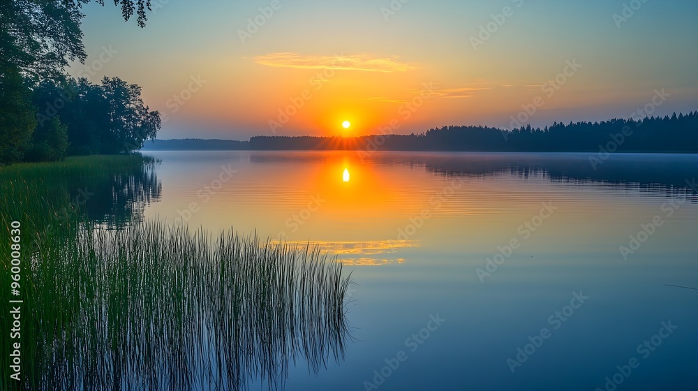Serene Sunset Reflection on Calm Lake Water Serene Sunset Reflection on Calm Lake Water