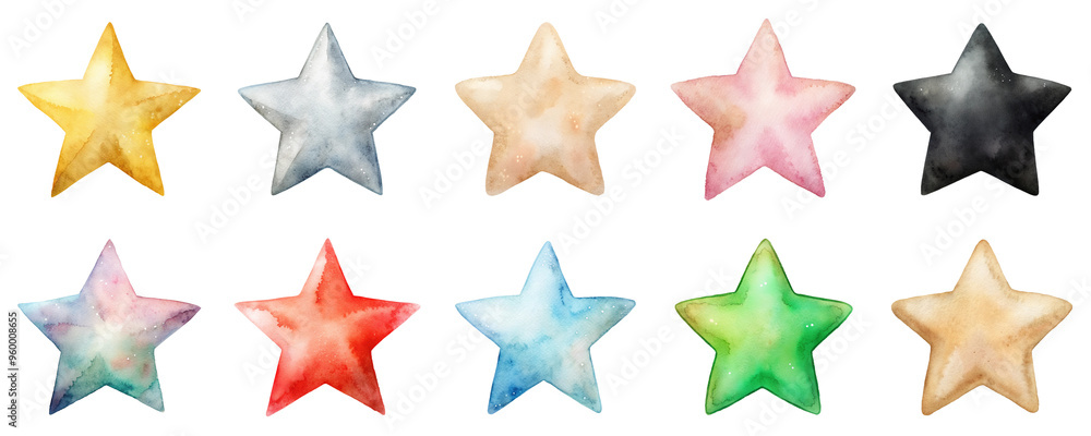 Fototapeta premium Colorful stars in a variety of bright shades depicted in soft watercolor illustration set. Objects in vibrant pastel tones isolated on transparent background.
