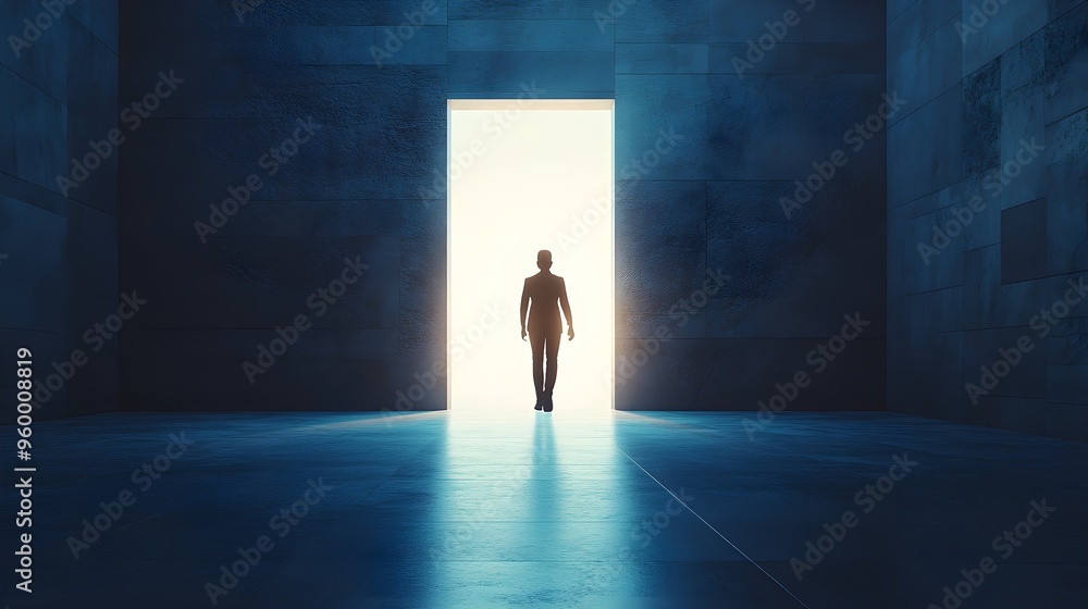Silhouette of Person Walking Through Doorway to Light Silhouette of Person Walking Through Doorway to Light